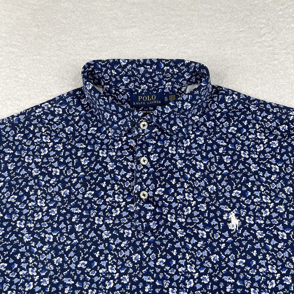 Polo Ralph Lauren Shirt Mens XL Blue Floral All Over Print Polo Slim Fit Golf